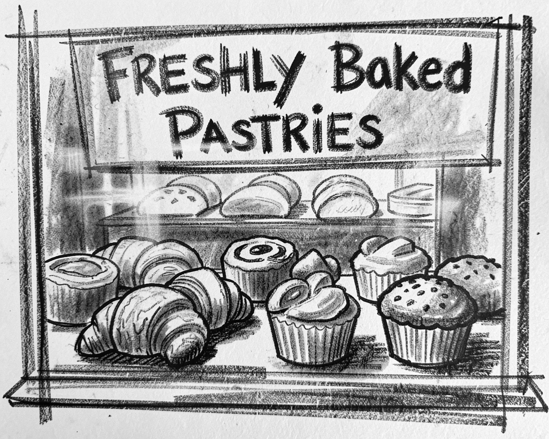 A row of fresh pastries displayed in a bakery window, on a quiet, peaceful afternoon.