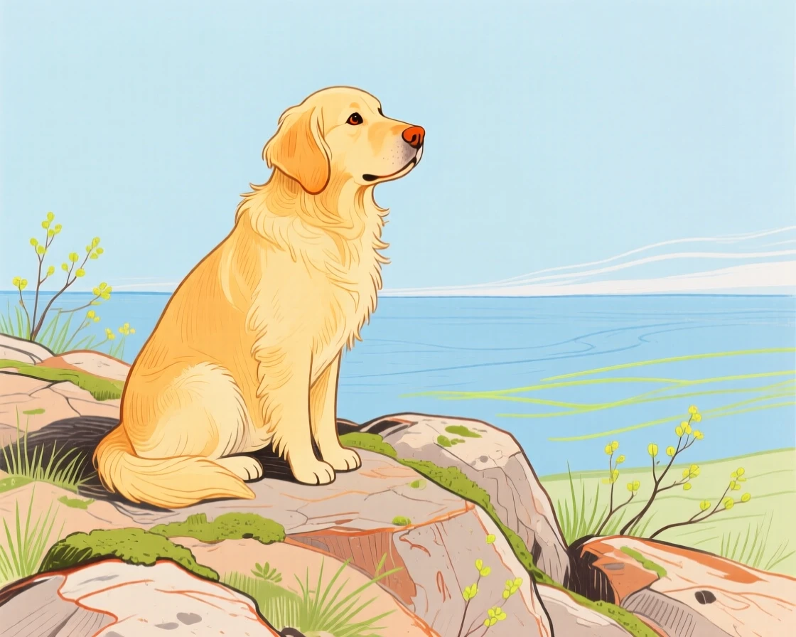 A golden retriever watching the horizon on a rocky hillside in early spring.