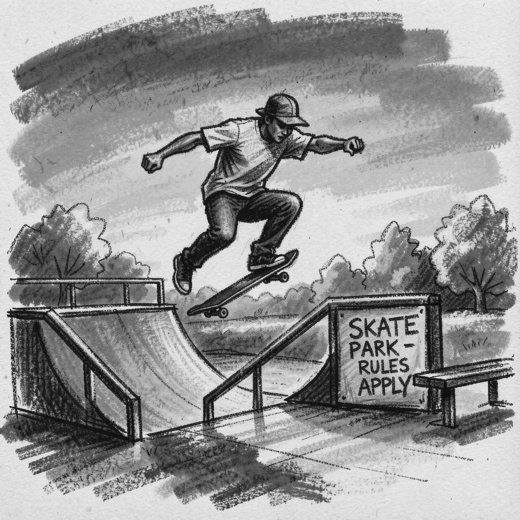 A skateboarder catching air at a sunset skate park, on a quiet, peaceful afternoon.