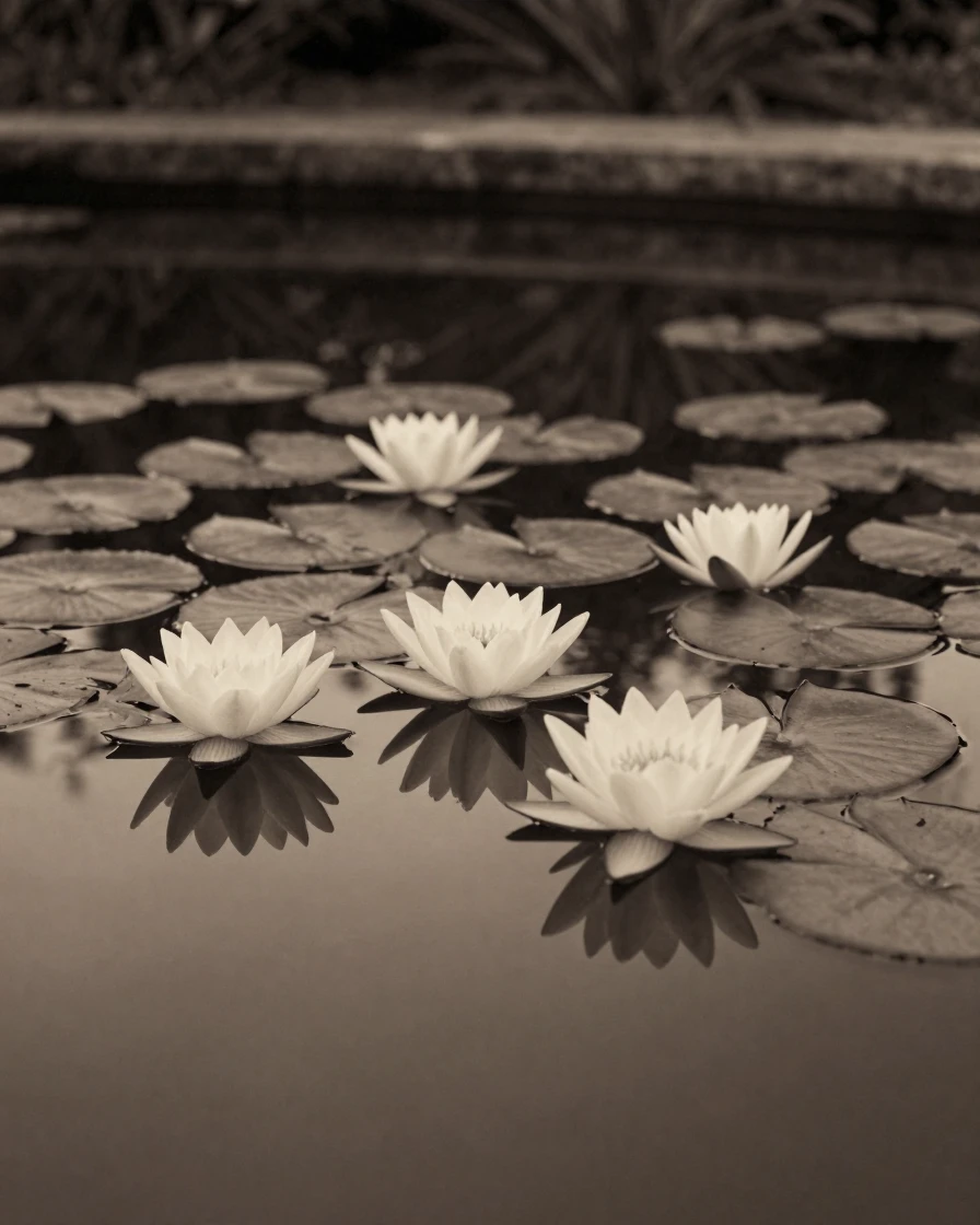 Water lilies floating on the still surface of a garden pond, in low lamplight, in still, windless air, as spring blossoms unfurl, with stark black-and-white contrast softened by a single warm hue, from a slightly elevated vantage point.