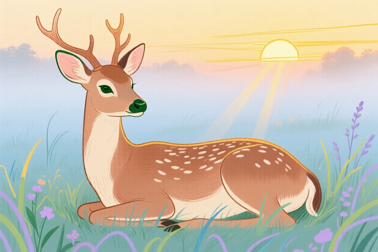A gentle deer resting in a misty morning field during golden hour.