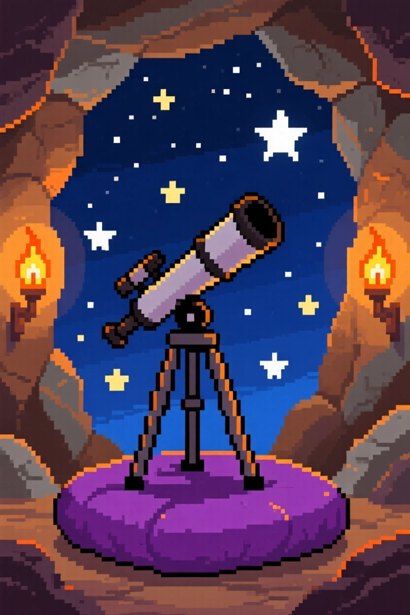 A telescope pointed at a starry sky displayed on a velvet cushion, within a cave lit by torchlight.