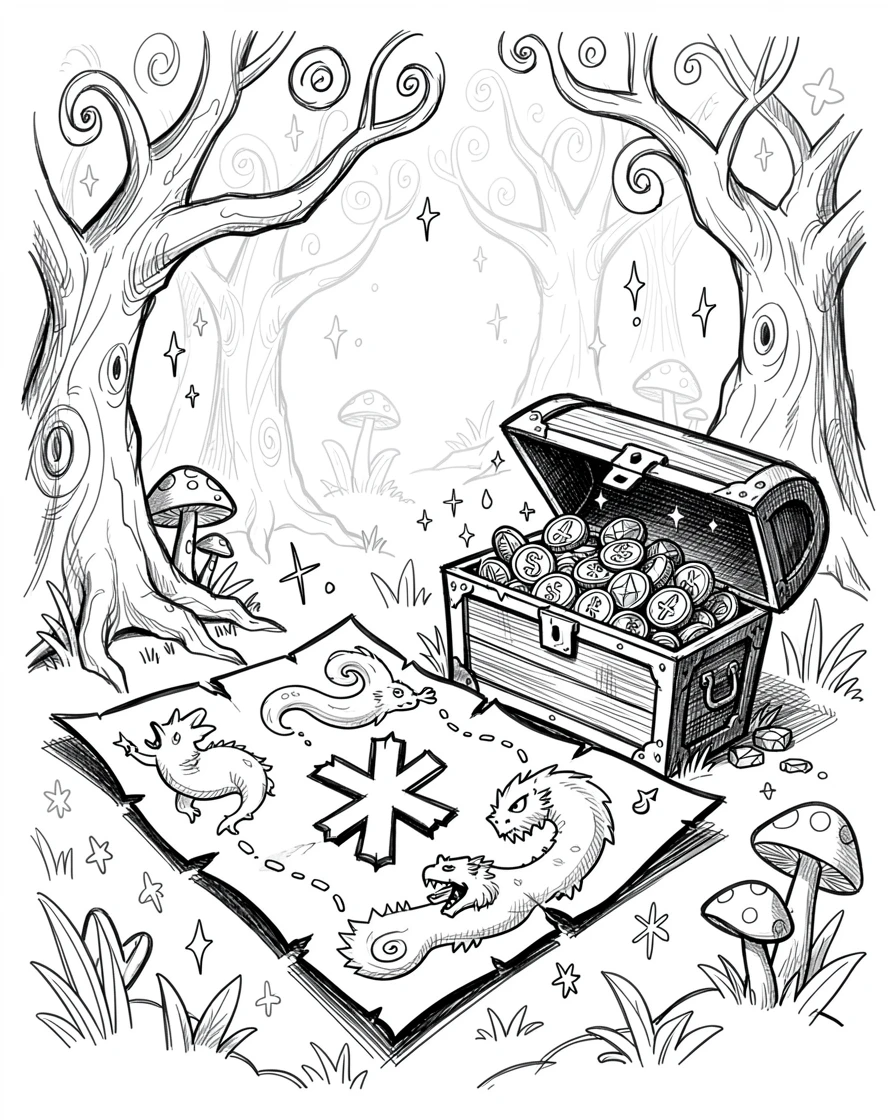 A pirate map spread out beside a treasure chest at the edge of an enchanted forest.
