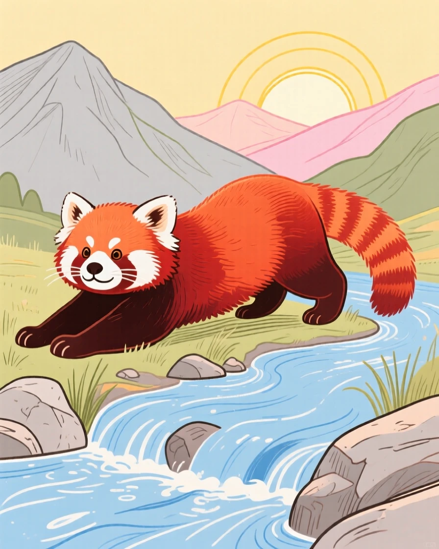 A red panda stretching in the morning light beside a mountain stream at sunrise.