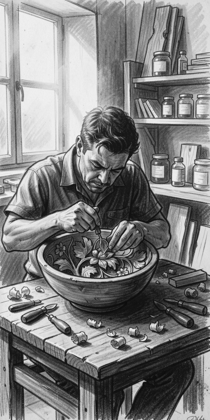 A woodworker carving an intricate design into a wooden bowl, in the warm glow of early morning light.