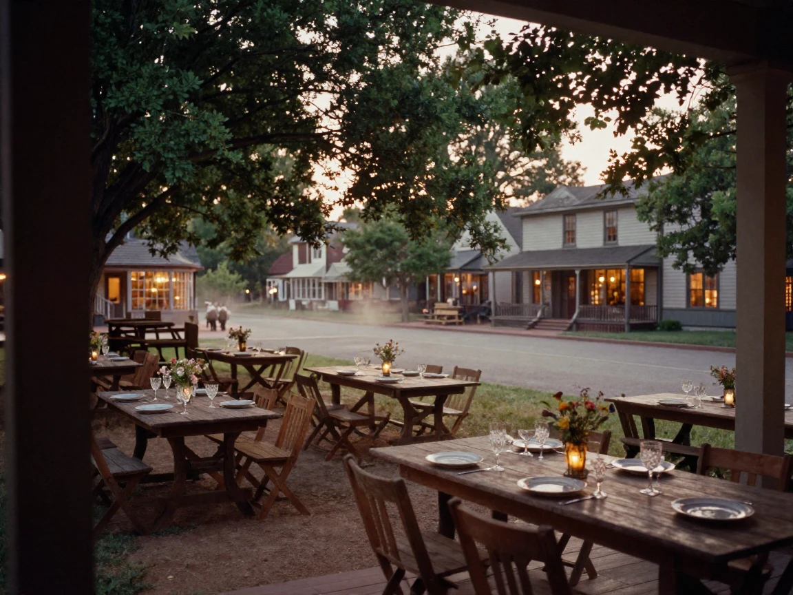 A village square filled with tables for an evening outdoor supper, in dappled light filtering through leaves, as mist rises off the ground, during the long days of summer, with deep emerald greens and browns, viewed from across the room.