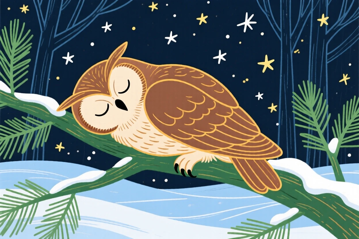 A wise old owl napping in a snowy pine forest under a clear starry sky.