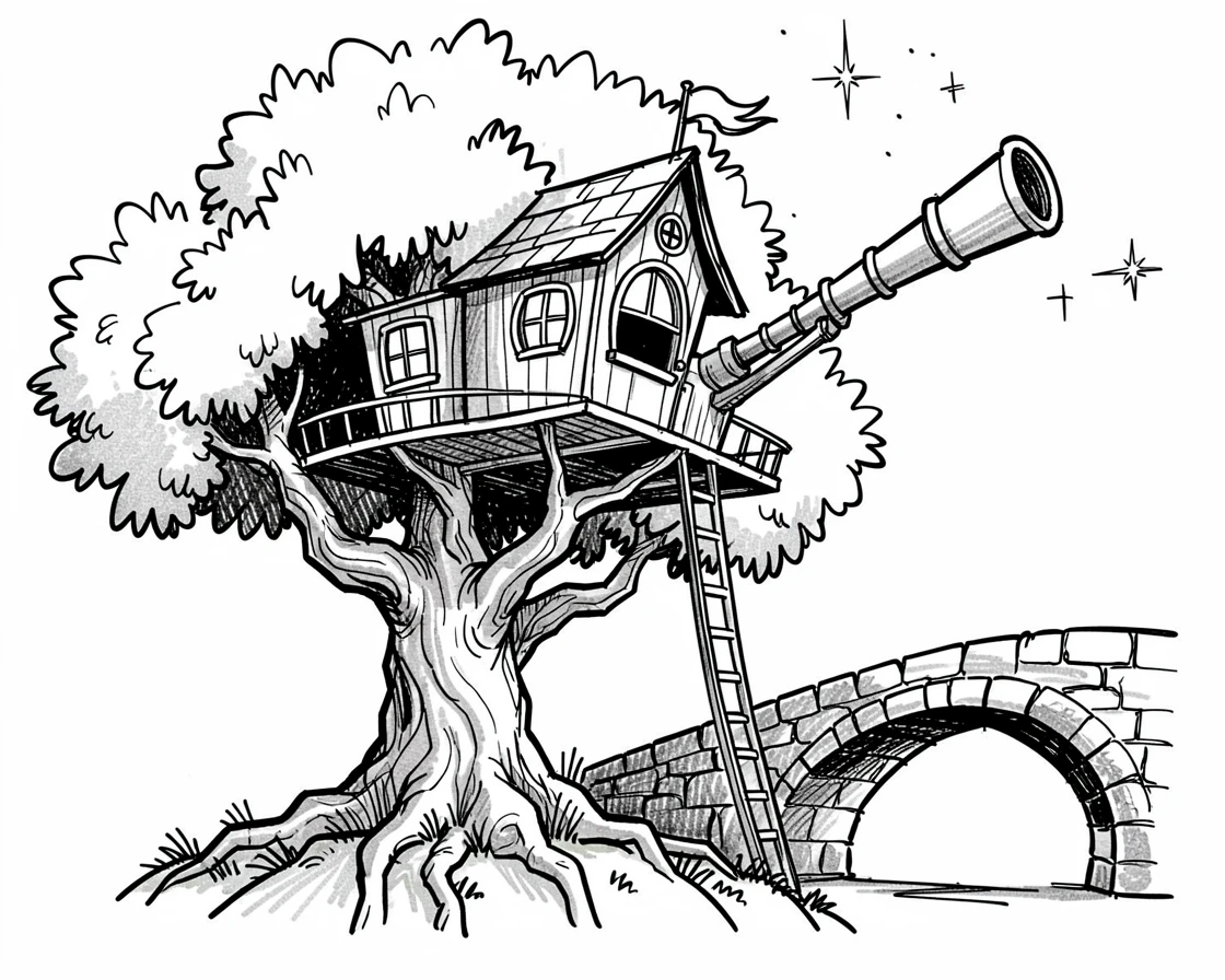 A treehouse fort with a telescope pointed at the stars beside an old stone bridge.