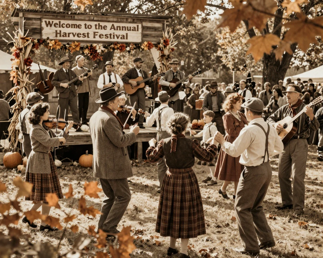 A crowd celebrating a harvest festival with music and dancing, in warm morning light, in crisp, dry air, in late autumn, with a soft sepia-tinted glow, peering through foliage in the foreground.