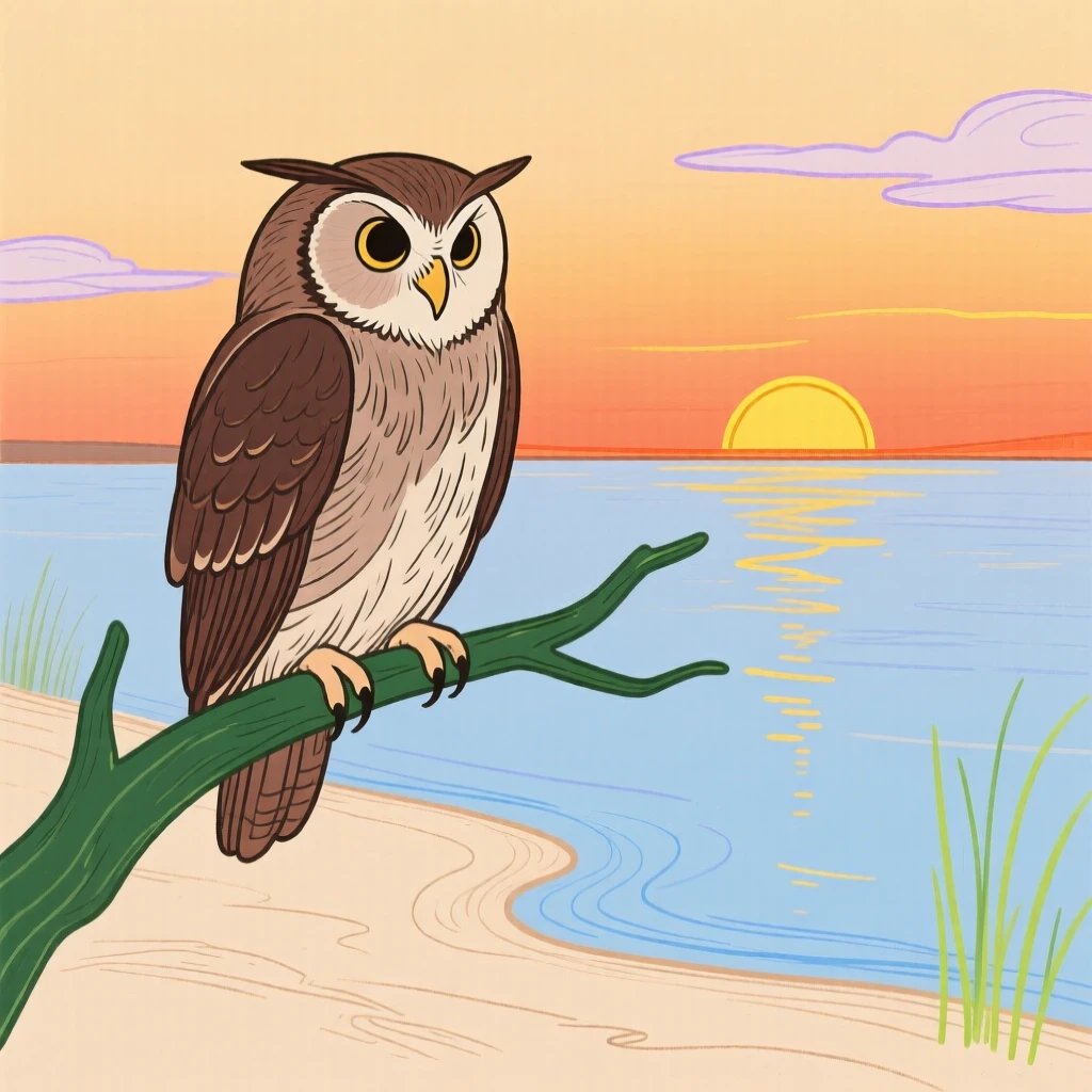 A wise old owl watching the horizon along a quiet riverbank at sunset.