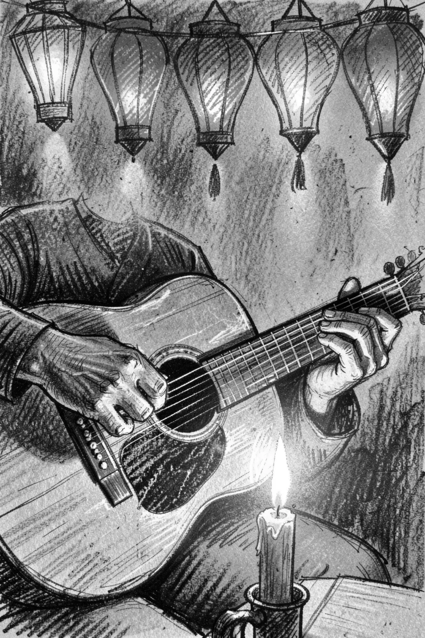A musician's hands playing an acoustic guitar by candlelight, under a canopy of colorful lanterns.
