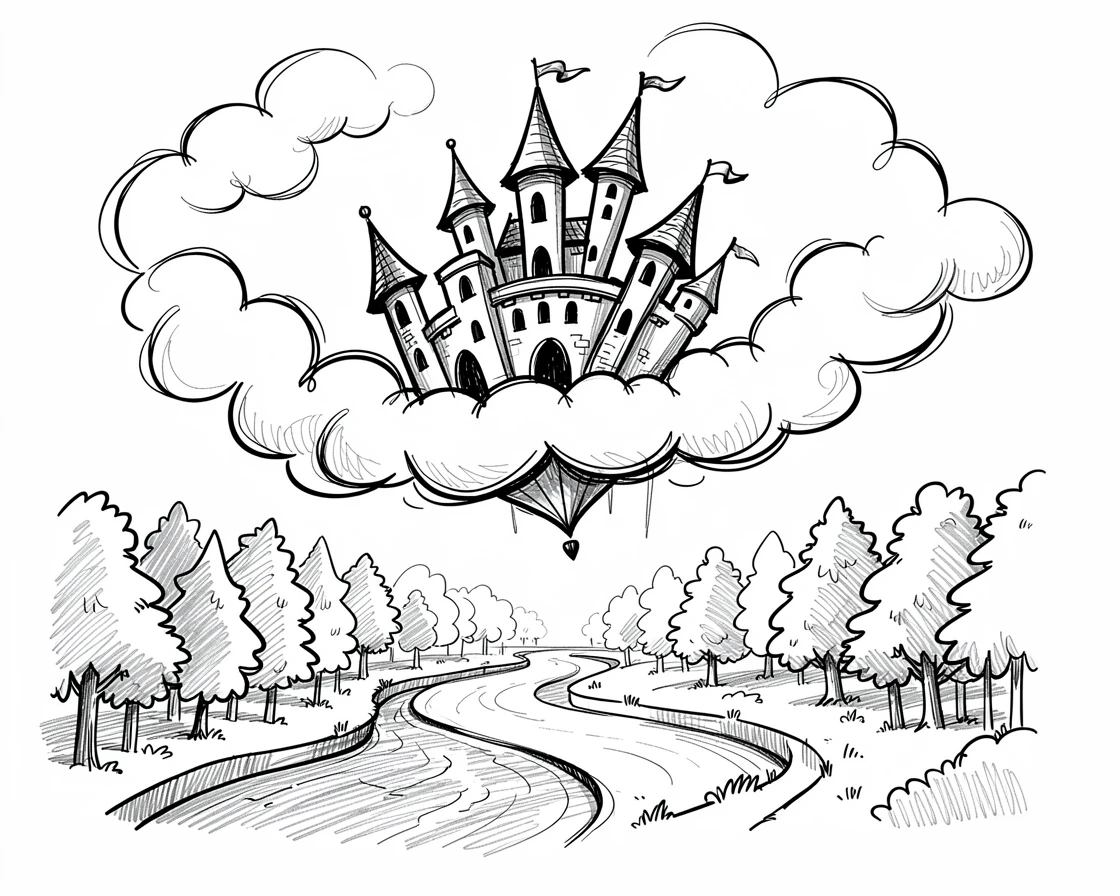 A floating castle drifting among the clouds beside a river winding through the forest.