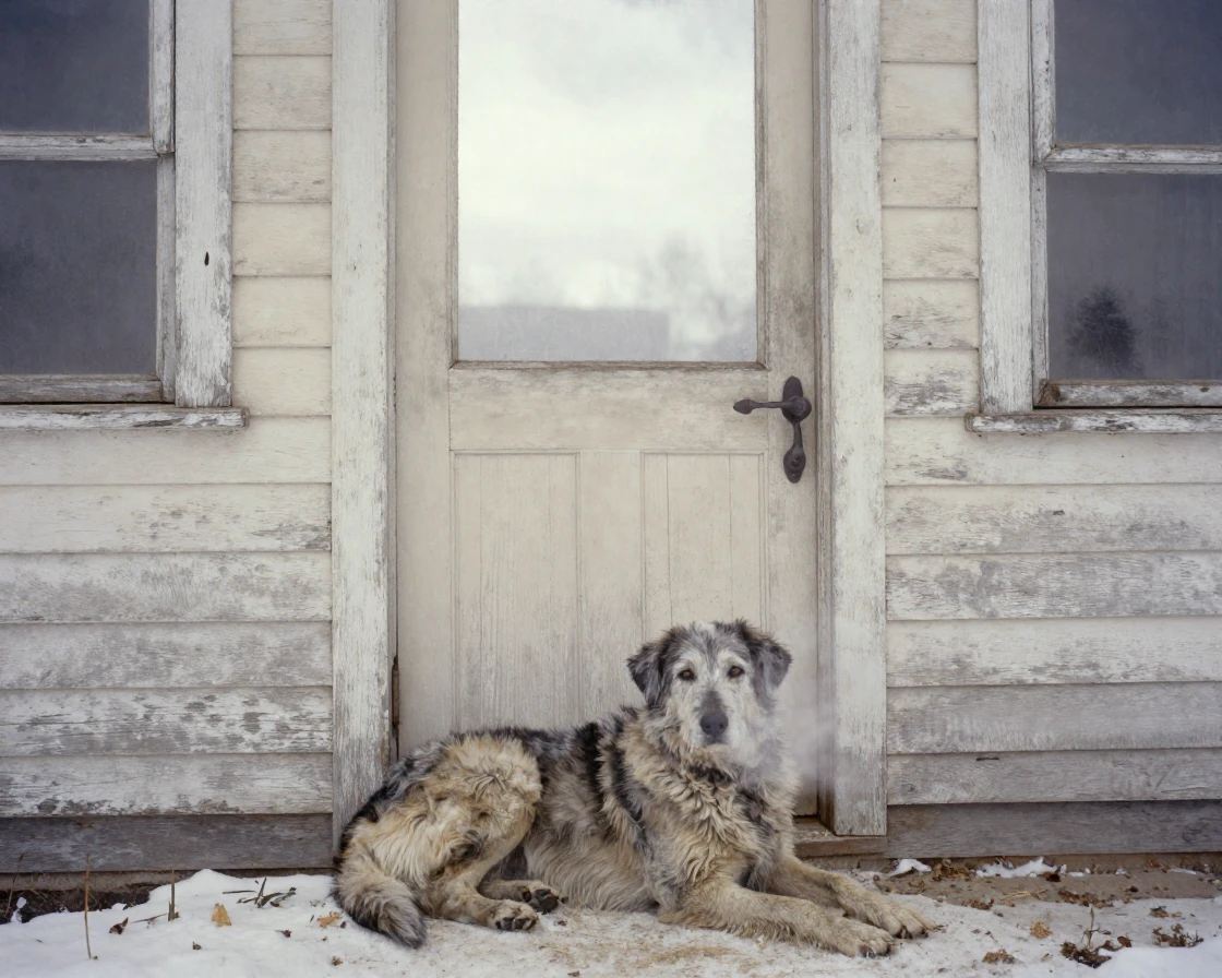An old sheepdog resting loyally beside a farmhouse door, in gentle diffused daylight, in crisp, dry air, in the depths of winter, in soft muted pastels, framed symmetrically down a long corridor.