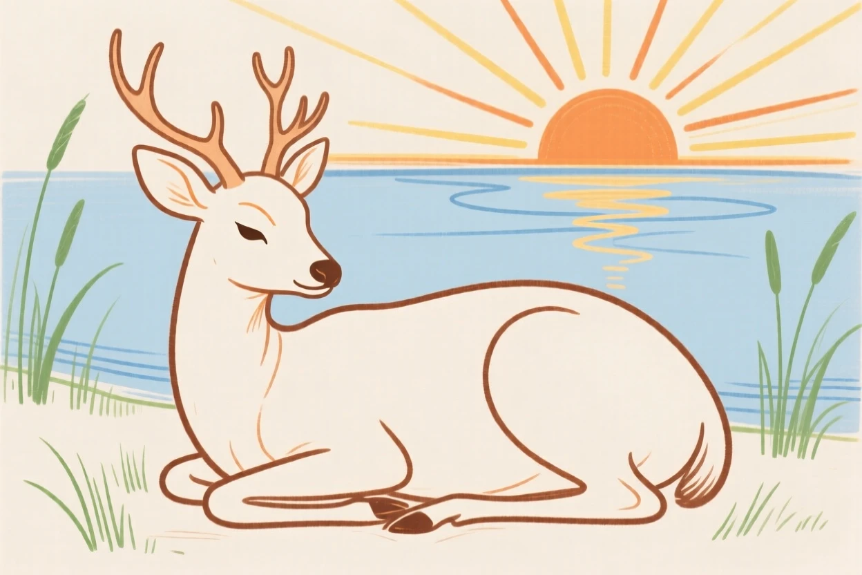 A gentle deer curled up together beside a still lake at sunrise.