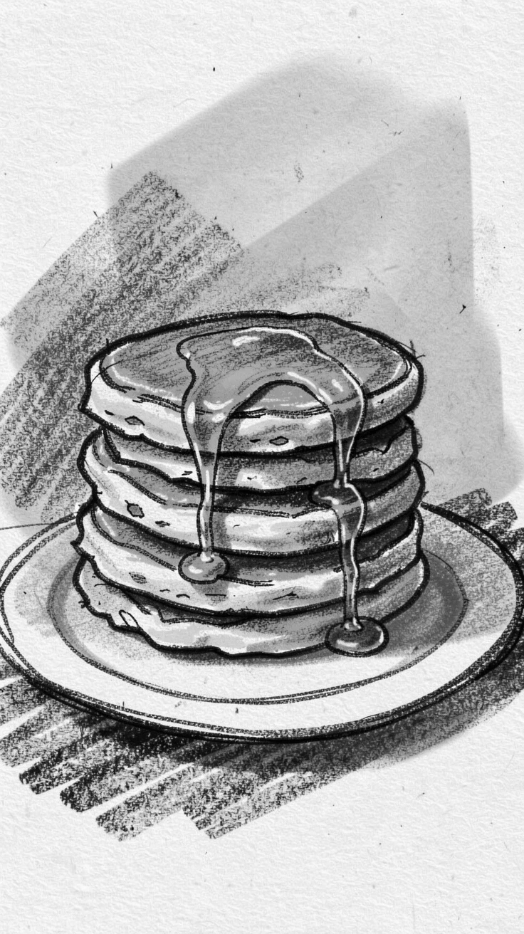 A stack of golden pancakes drizzled with syrup, on a quiet, peaceful afternoon.