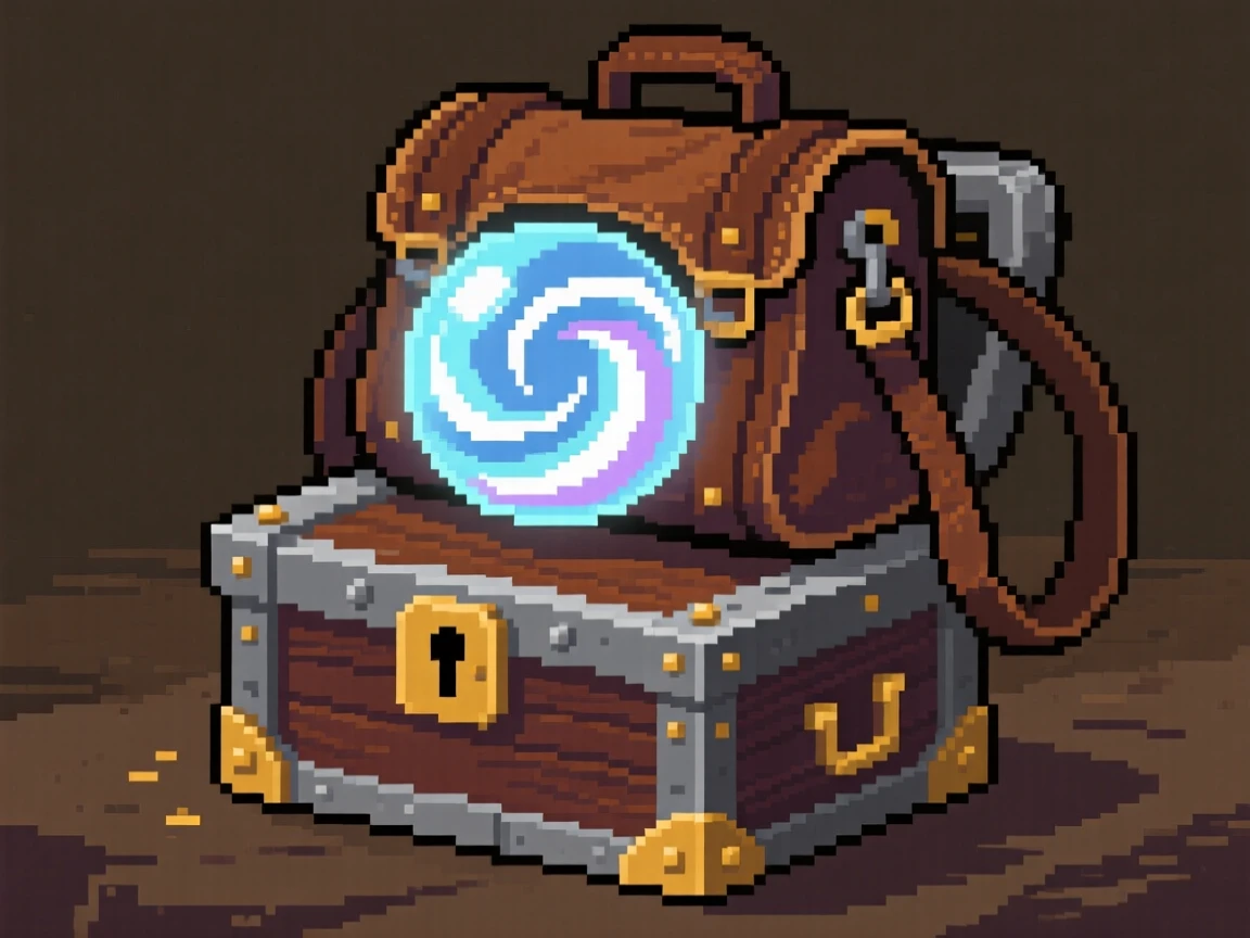 A crystal orb swirling with light tucked inside an adventurer's travel bag, atop a pirate's buried treasure chest.