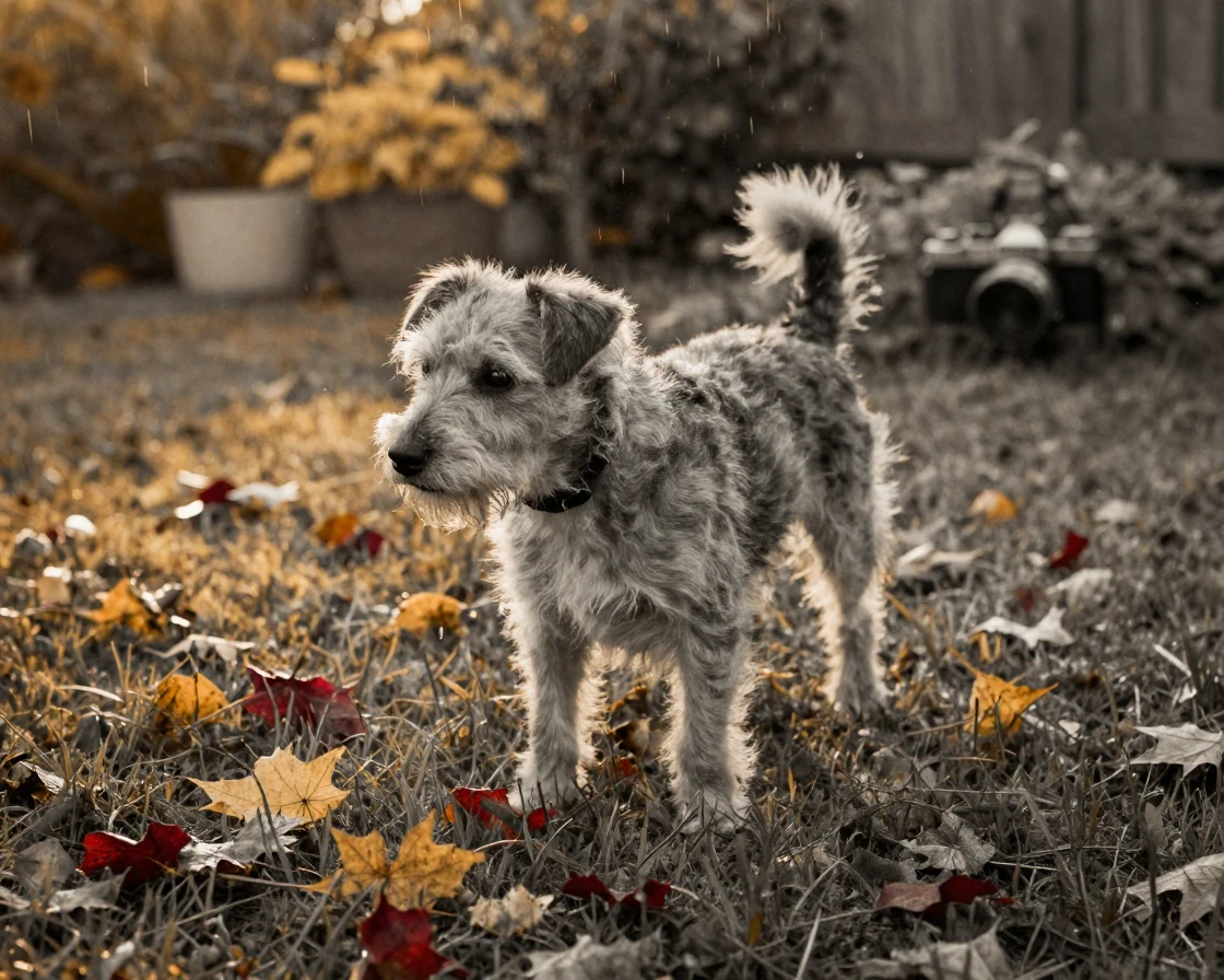 A scruffy terrier chasing its tail across a garden lawn, under soft golden-hour light, under a light drizzle, as autumn leaves turn gold and red, with stark black-and-white contrast softened by a single warm hue, over the shoulder of the main subject.