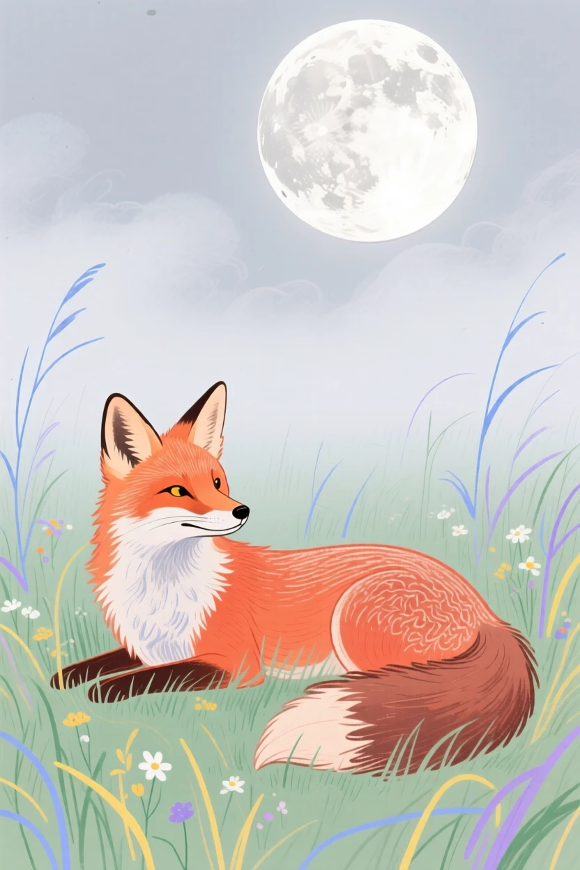 A curious fox resting in a misty morning field under a full moon.