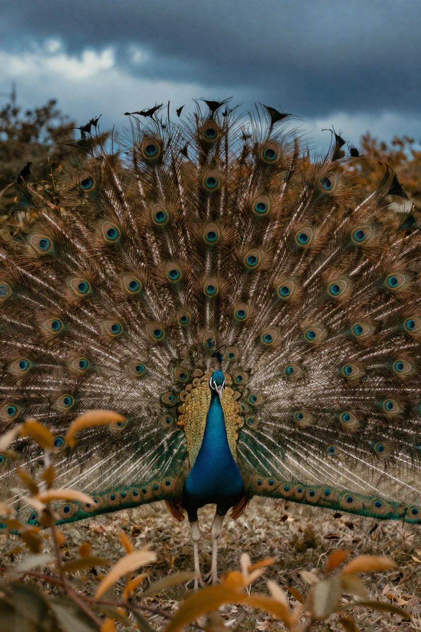 A peacock displaying its full iridescent tail feathers, in cool blue twilight, under a darkening storm sky, as summer fades into fall, in warm honey and cream tones, peering through foliage in the foreground.