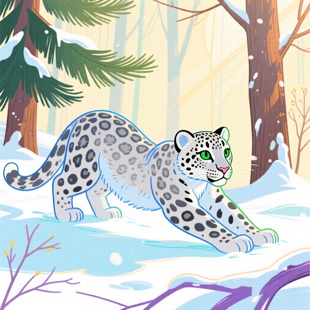 A snow leopard cub stretching in the morning light in a snowy pine forest in early spring.