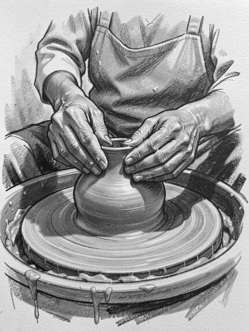 A potter's hands shaping clay on a spinning wheel, on a quiet, peaceful afternoon.