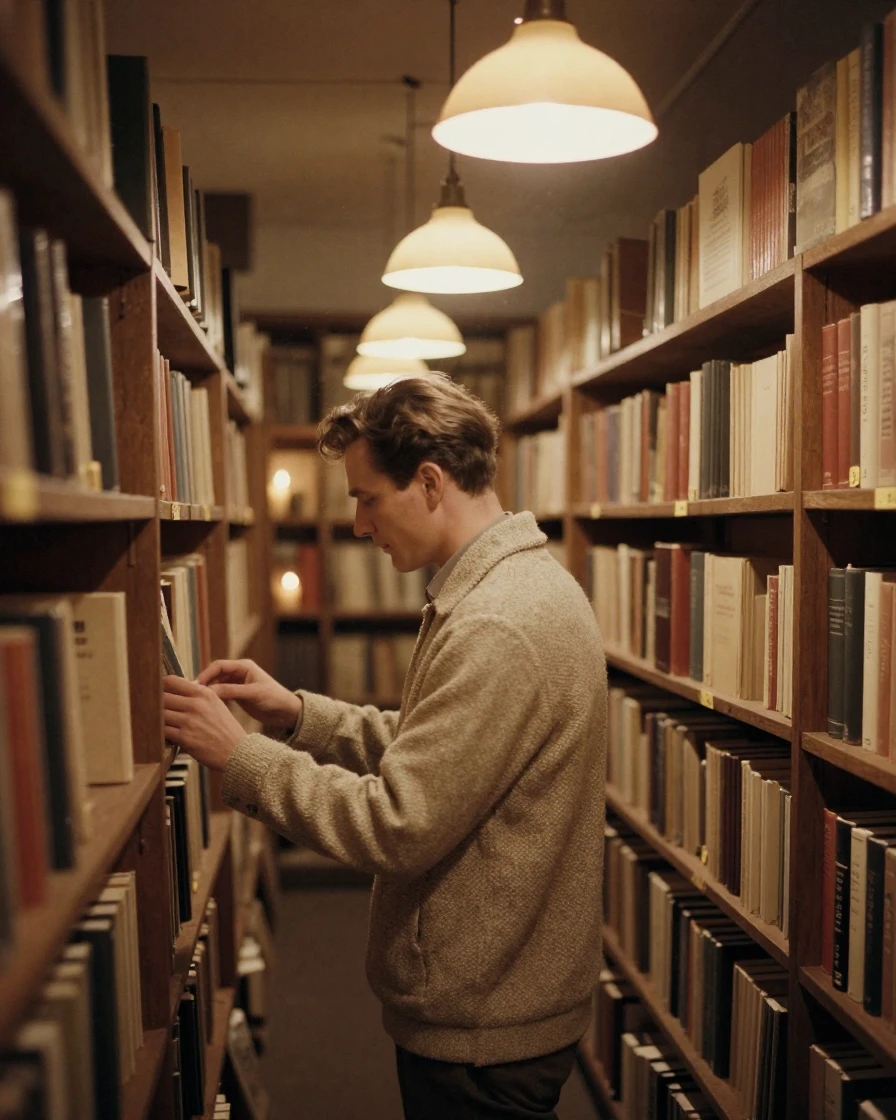 A quiet bookstore aisle lit by warm hanging lamps, under flickering candlelight, in crisp, dry air, in the depths of winter, in warm honey and cream tones, over the shoulder of the main subject.