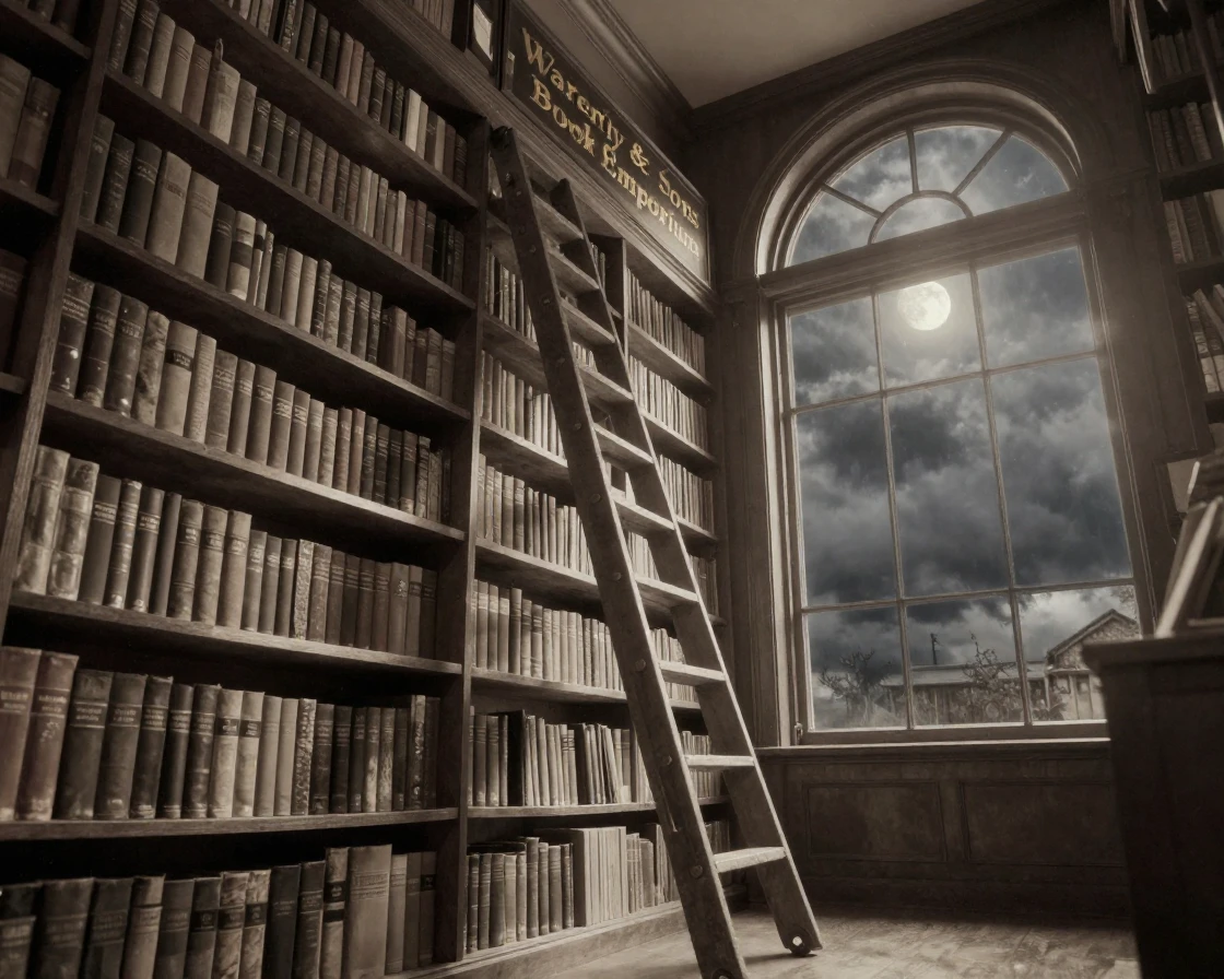 A vintage bookstore with towering shelves and a rolling ladder, under moonlight, under a darkening storm sky, in early spring, with a soft sepia-tinted glow, captured from a low angle looking up.