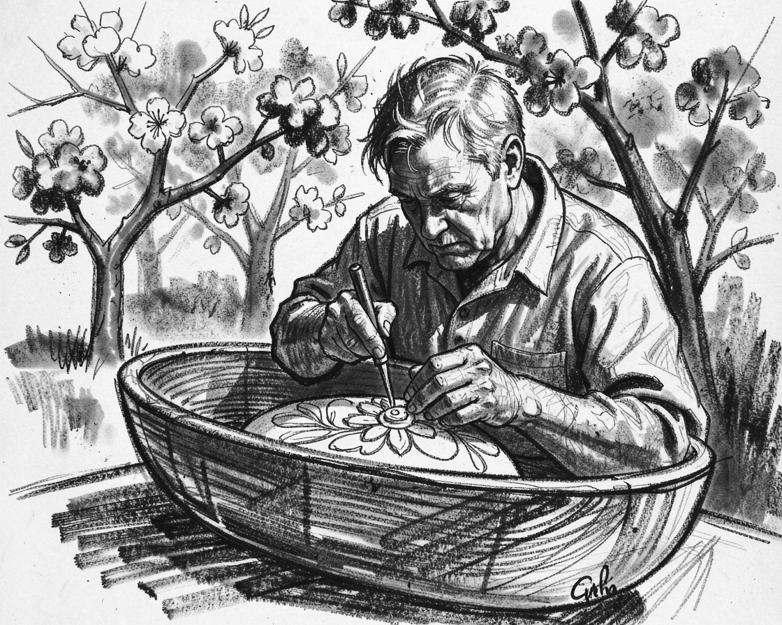 A woodworker carving an intricate design into a wooden bowl, beneath blossoming trees in full bloom.
