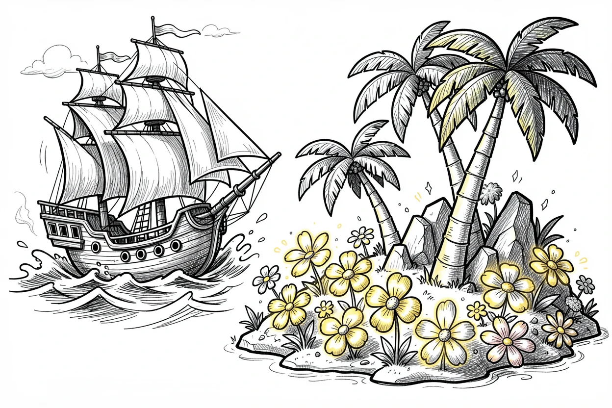 A pirate ship sailing past a tropical island beside a garden full of glowing flowers.