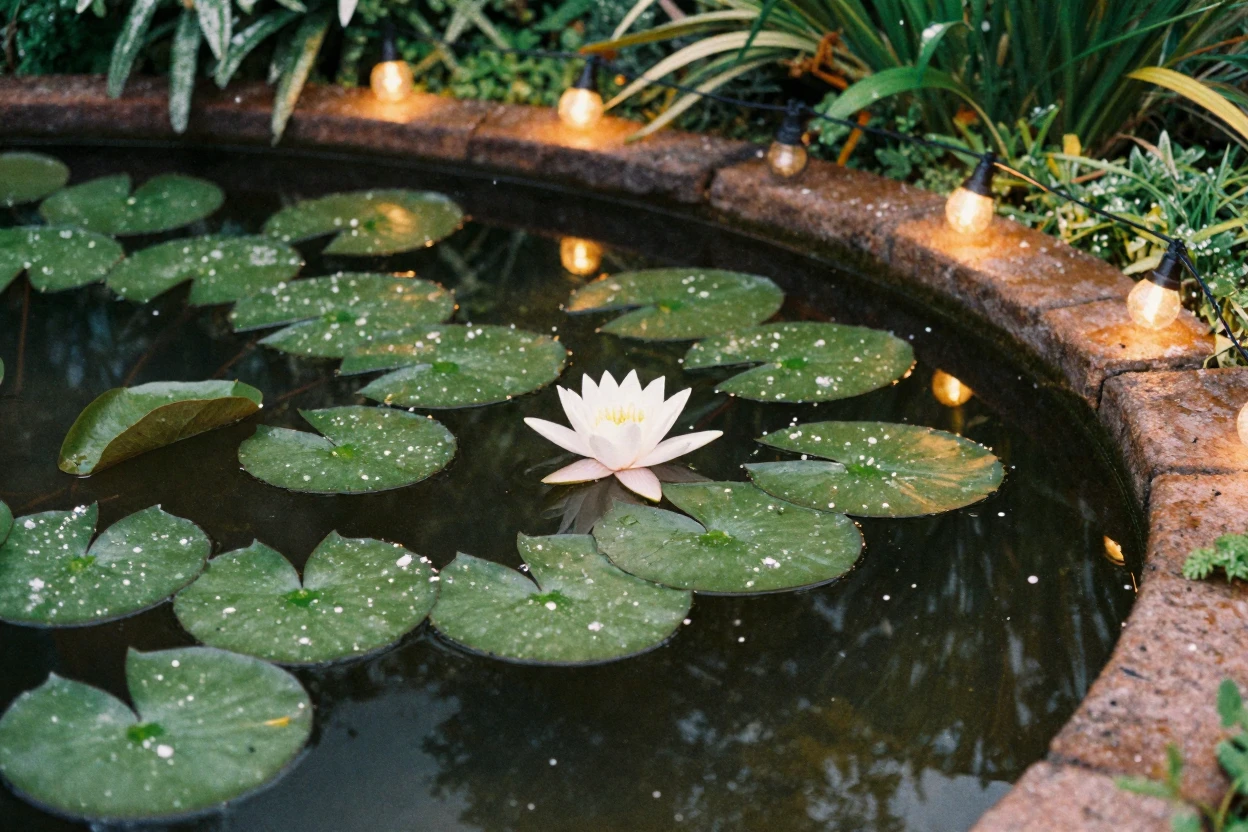 A single water lily floating on a still garden pond, under strings of warm string lights, amid gently falling snow, as summer fades into fall, with deep emerald greens and browns, from a three-quarter angle.