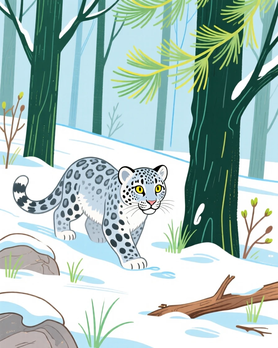 A snow leopard cub exploring in a snowy pine forest in early spring.