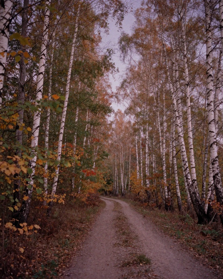 A narrow dirt path winding through a birch forest, under a canopy of stars, in crisp, dry air, in the mild days of early autumn, in dusty lavender and rose tones, peering through foliage in the foreground.