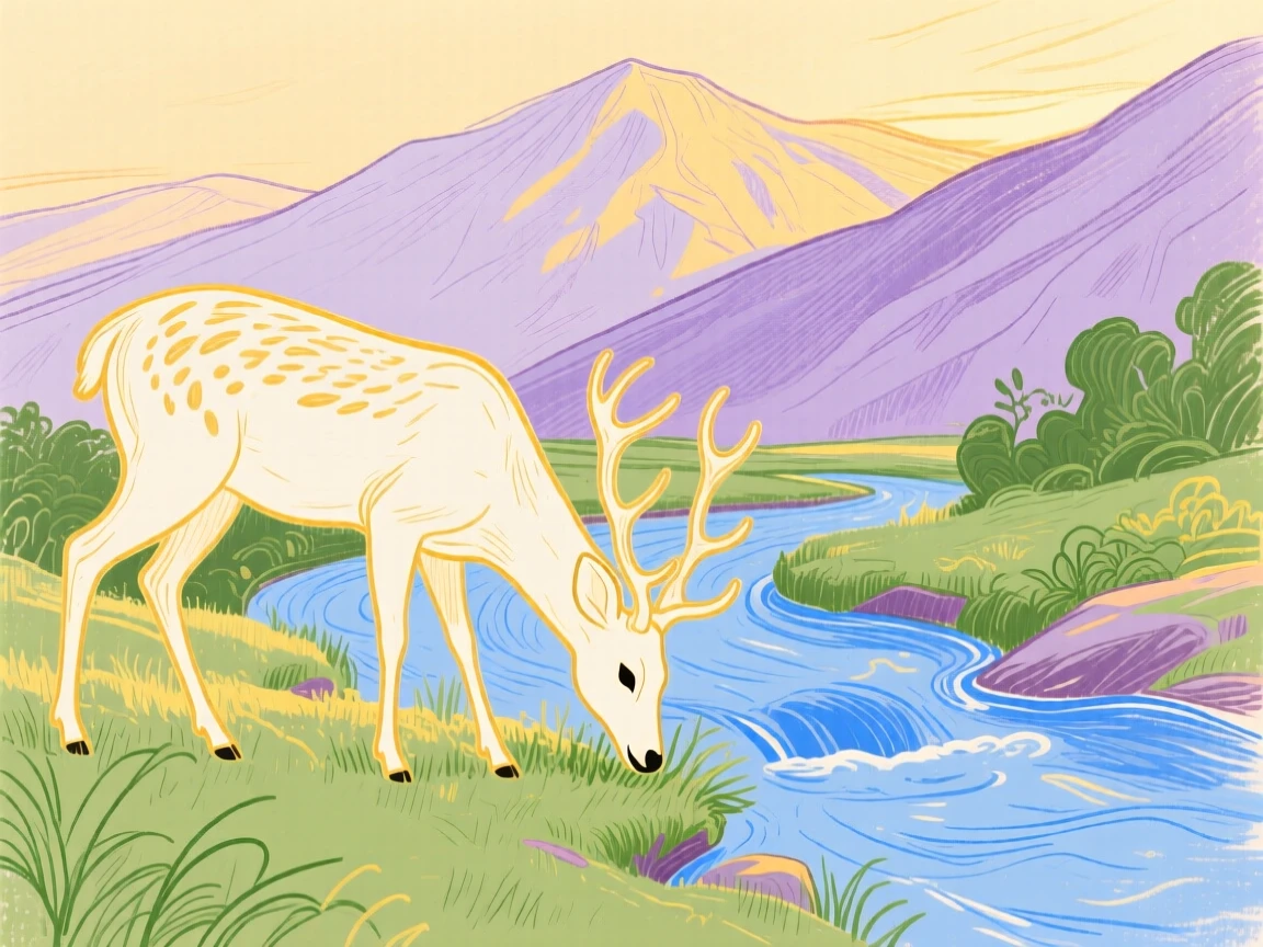A gentle deer grazing beside a mountain stream during golden hour.