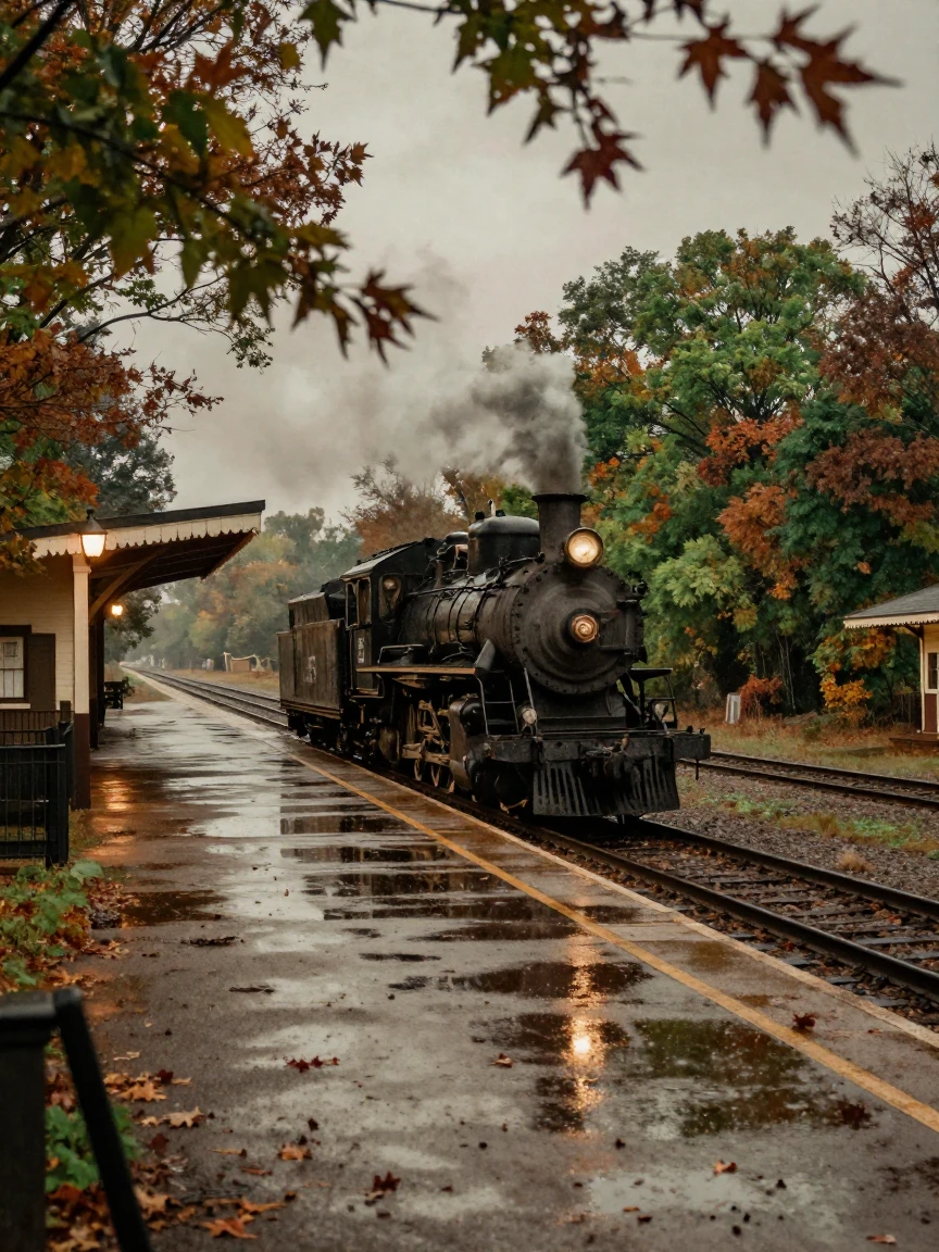 A vintage steam locomotive pulling into a quiet countryside station, in low lamplight, just after a rain shower, with puddles reflecting the sky, in late autumn, with deep emerald greens and browns, peering through foliage in the foreground.