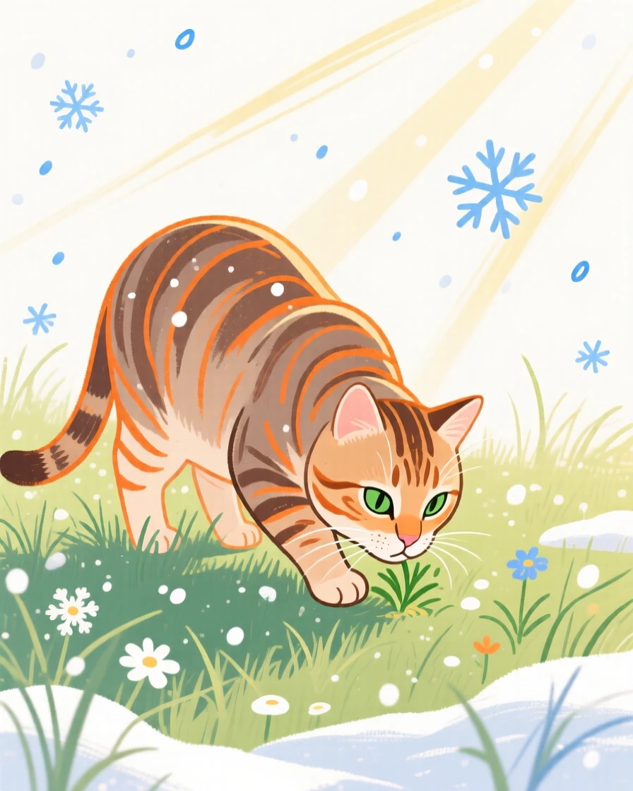 A tabby cat grazing in a sunlit meadow during a light snowfall.