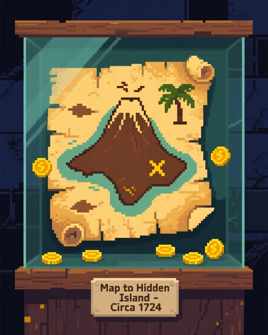 A map leading to a hidden island surrounded by scattered gold coins, in a museum display at midnight.