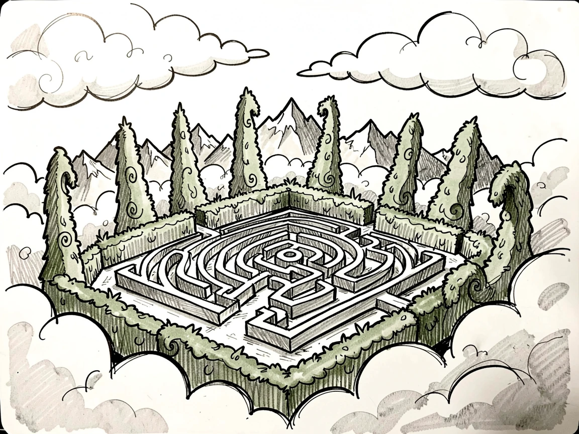 A castle garden maze with tall hedges among the clouds above a mountain range.