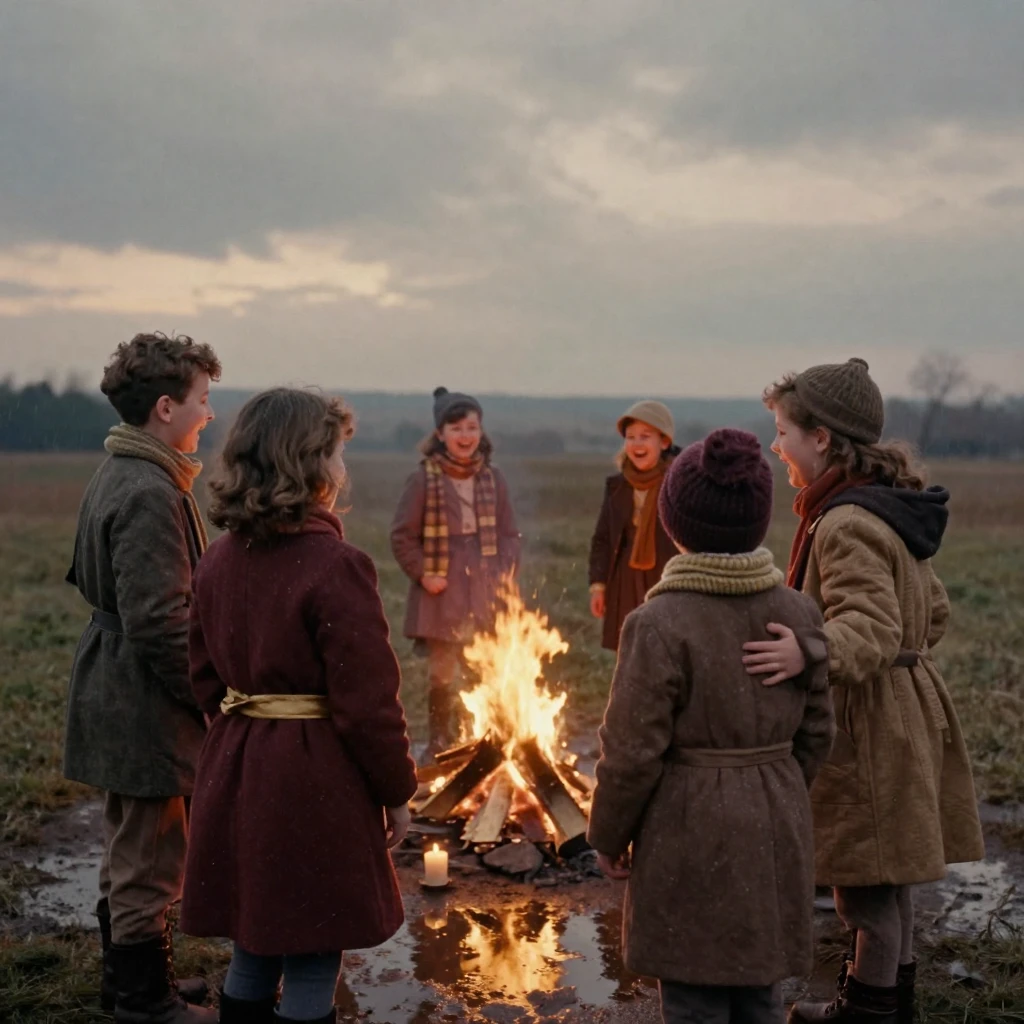 A group of childhood friends reunited, laughing around a bonfire, under flickering candlelight, just after a rain shower, with puddles reflecting the sky, in the depths of winter, with rich burgundy and gold accents, from behind, looking toward the horizon.