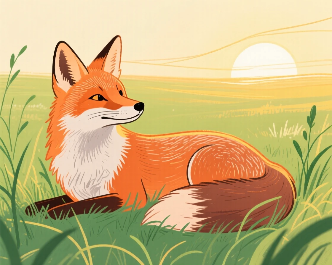 A curious fox resting in a sunlit meadow at sunrise.