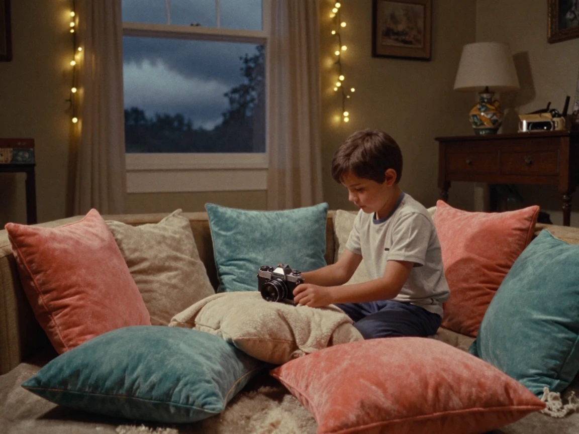 A boy building a fort out of couch cushions and blankets, under strings of warm string lights, under a darkening storm sky, as summer fades into fall, in vivid coral and turquoise hues, viewed from across the room.