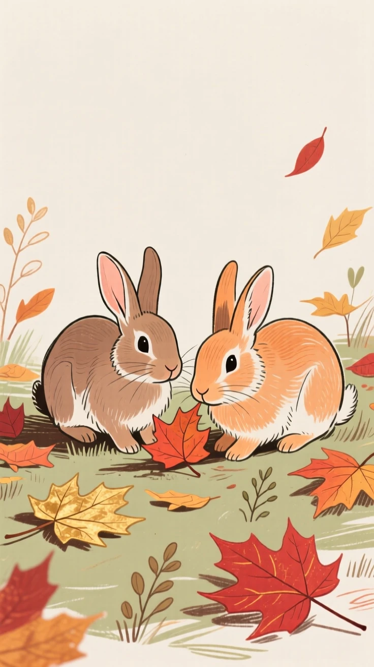 A pair of rabbits exploring among autumn leaves on a quiet summer afternoon.