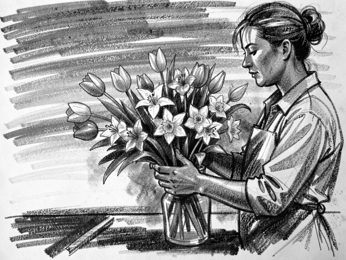 A florist arranging a bouquet of fresh spring flowers, beneath a sky streaked with sunset colors.