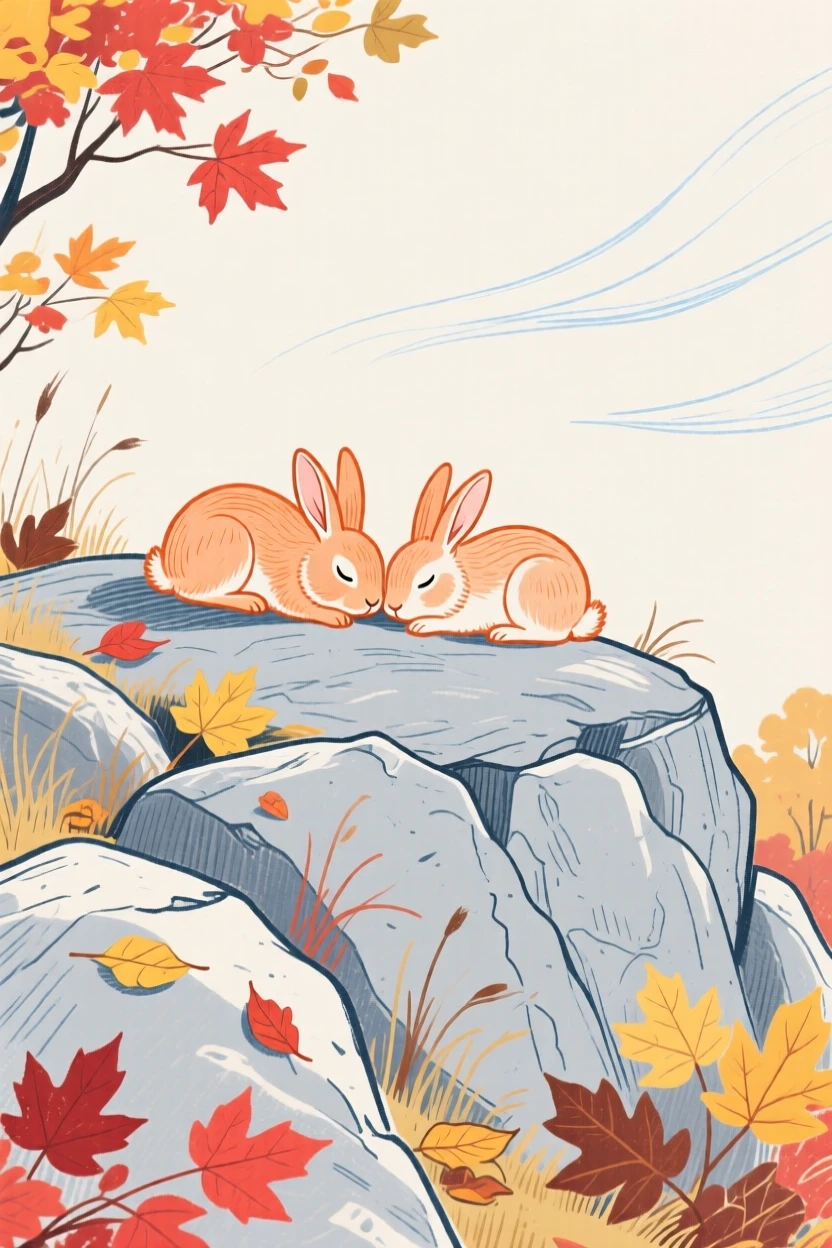 A pair of rabbits napping on a rocky hillside on a crisp autumn day.