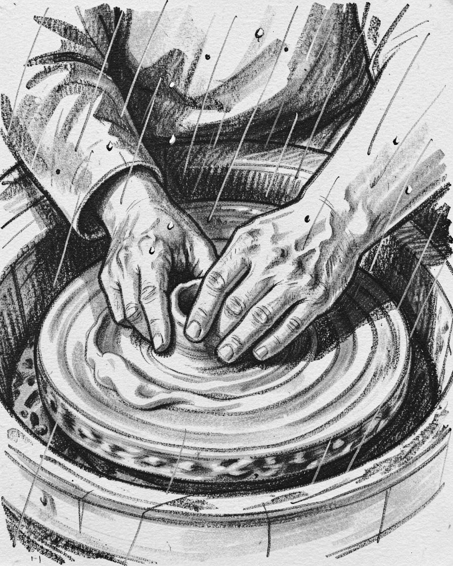 A potter's hands shaping clay on a spinning wheel, as gentle rain patters down around them.