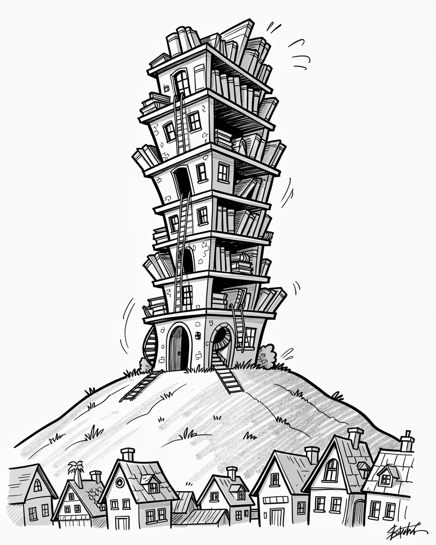 A tower library filled with tall bookshelves on a hilltop overlooking a village.