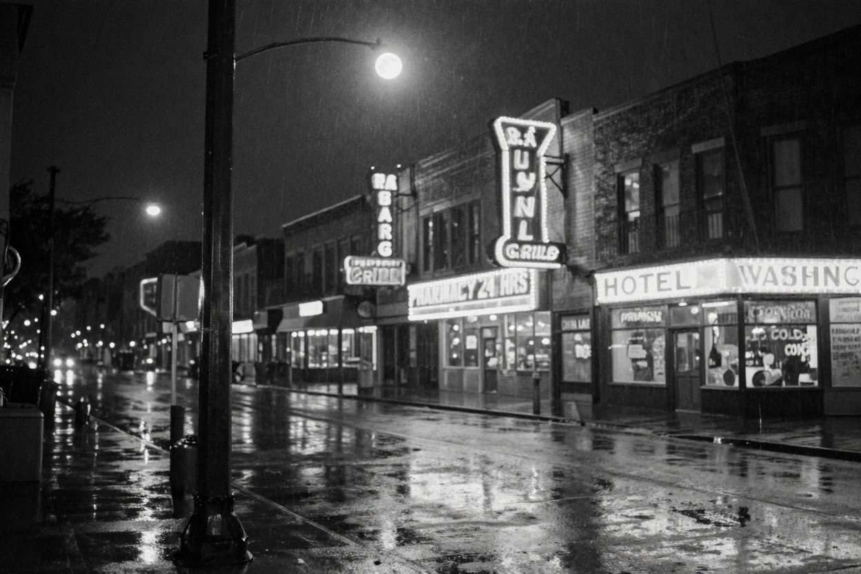 A city street glistening under rain and glowing neon signs, under moonlight, on a clear, cloudless day, in the height of summer, with stark black-and-white contrast softened by a single warm hue, through a rain-streaked window.