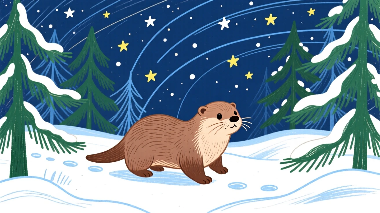 A baby otter wandering in a snowy pine forest under a clear starry sky.