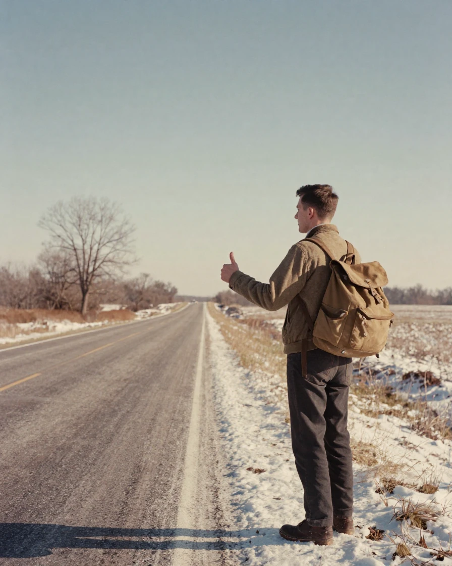 A hitchhiker with a worn backpack standing beside a lonely road, in soft window light, on a clear, cloudless day, under the first snow of winter, with a soft sepia-tinted glow, from a wide establishing view.