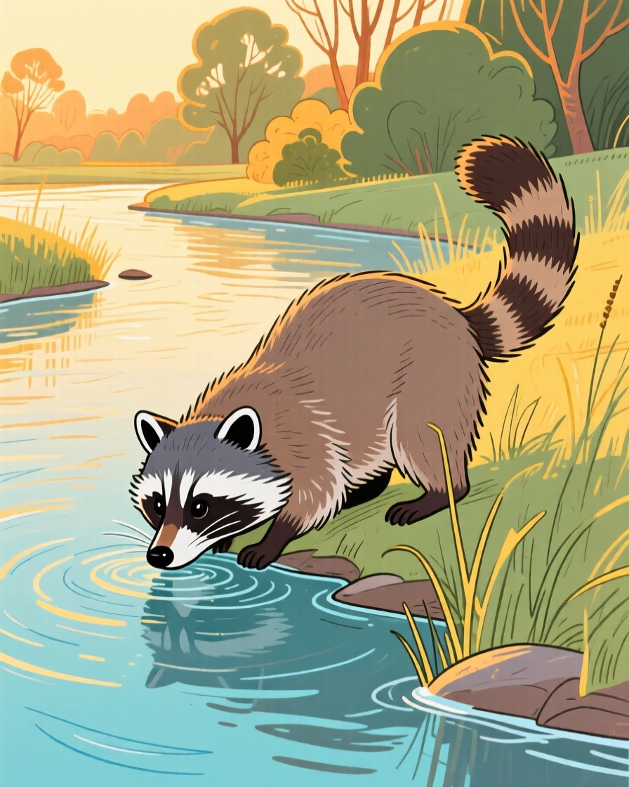 A curious raccoon drinking from a stream along a quiet riverbank during golden hour.
