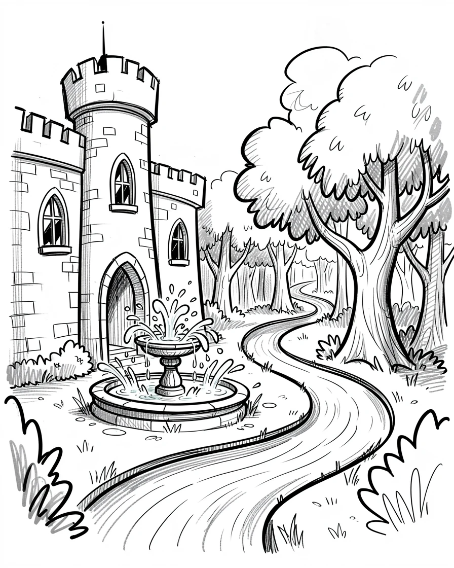 A castle courtyard with a bubbling fountain beside a river winding through the forest.
